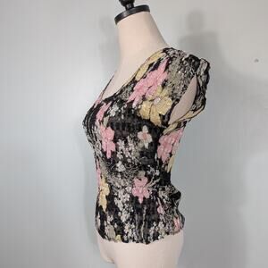 Lillie Rubin Floral Top M Black Pink Y2K Vintage Fairy Grunge Crinkle Sheer